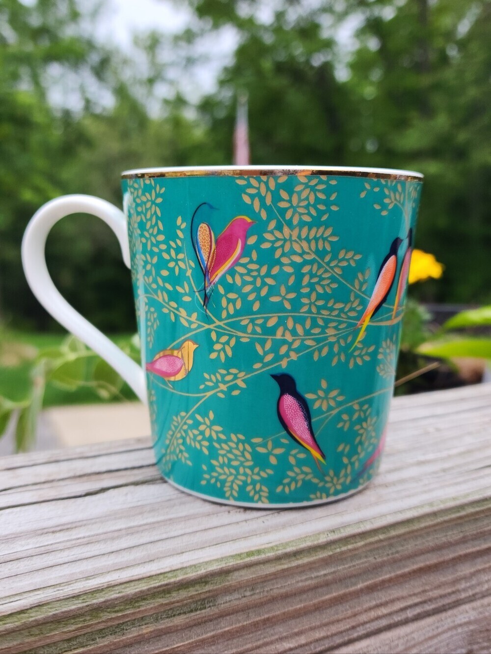 Portmeirion Mug Sarah Miller Chelsea Turquoise Green 22K Gold Detail Birds 12oz